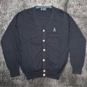Psycho Bunny Cardigan - Navy Blue - Silver Buttons - Embroidered Logo SIZE M-S